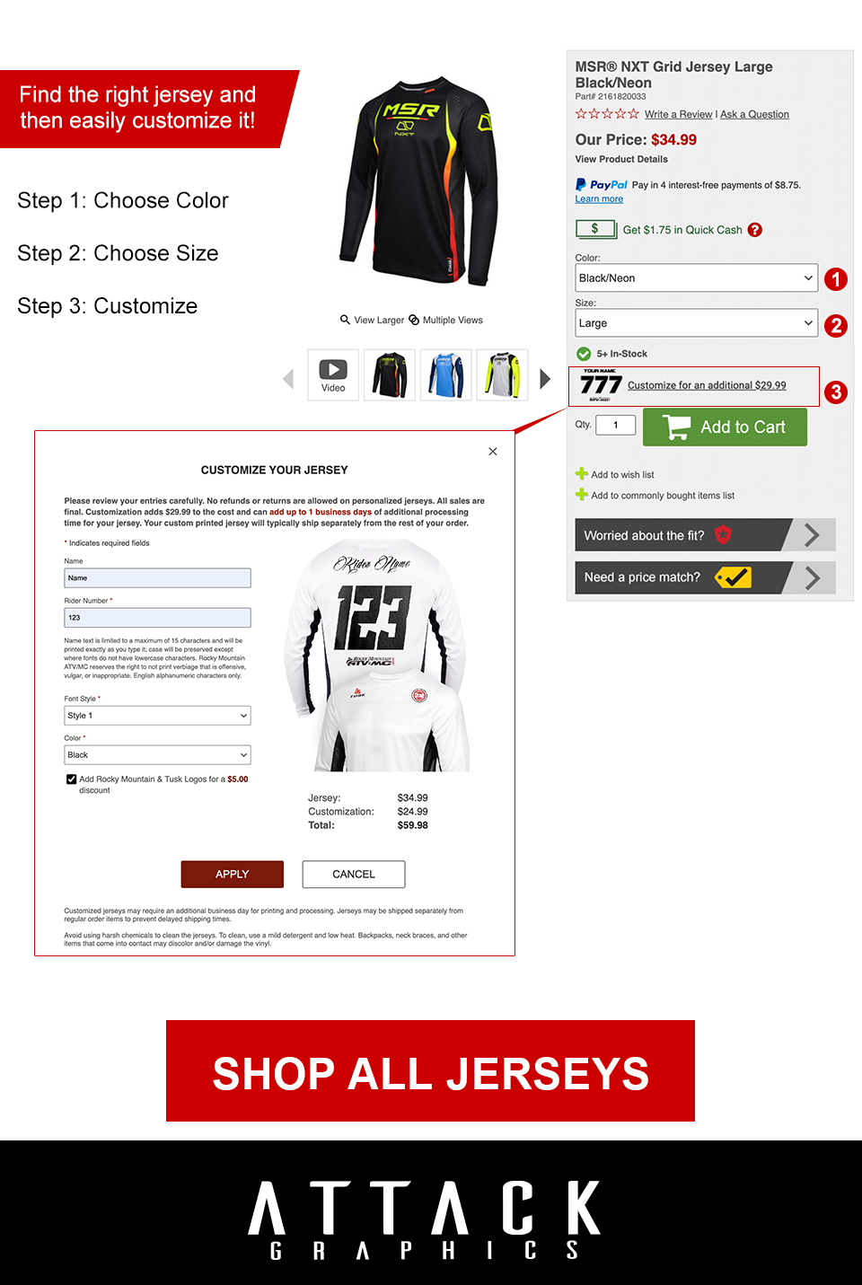 Find the right jersey and then easily customize it, step 1, choose color, step 2, choose size, step 3, cutomize, link, Shop all jerseys